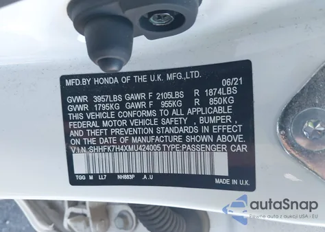 2021 Honda Civic Sport z USA, uszkodzony, nr VIN SHHFK7H4XMU424005